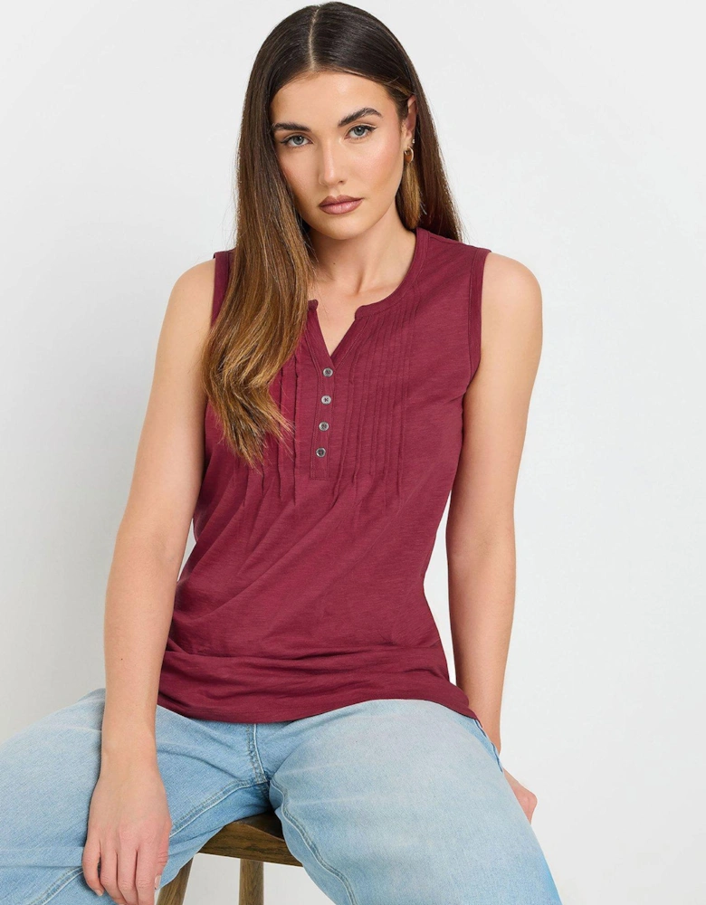 Sleeveless Pintuck Henley Top - Red