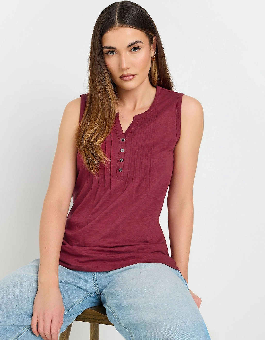 Sleeveless Pintuck Henley Top - Red, 2 of 1