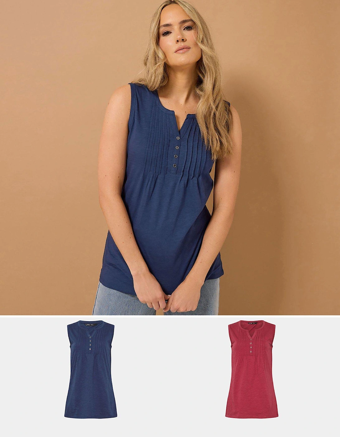 2 Pack Sleeveless Pintuck Henley Top - Blue, 2 of 1