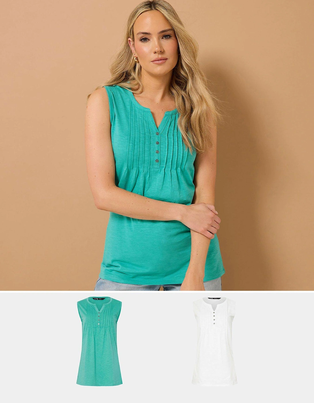 2 Pack Sleeveless Pintuck Henley Top - Green, 2 of 1