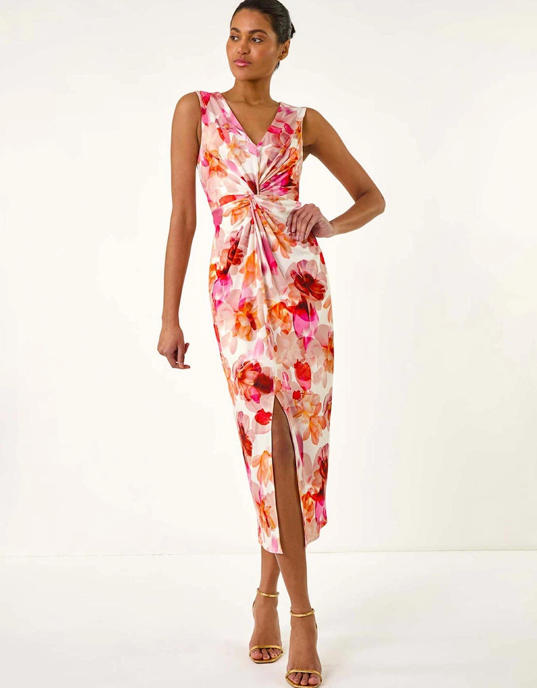 Floral Print Twist Front Midi Dress - Pink, 2 of 1