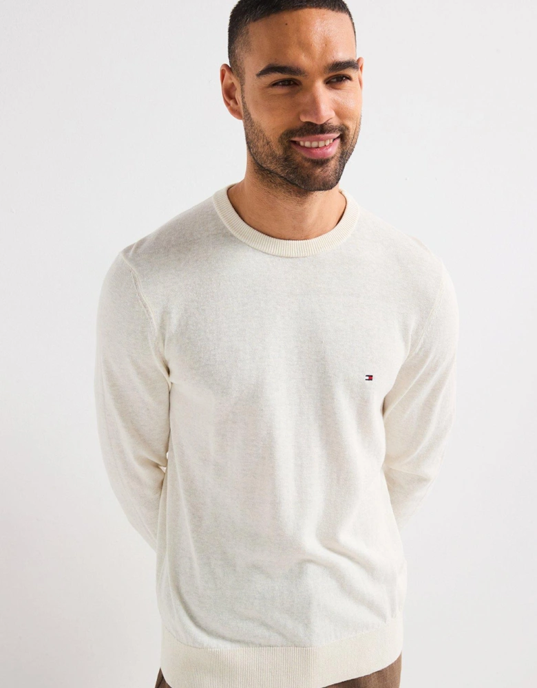 Cotton Linen Crew Neck Knitted Jumper - Light Cream