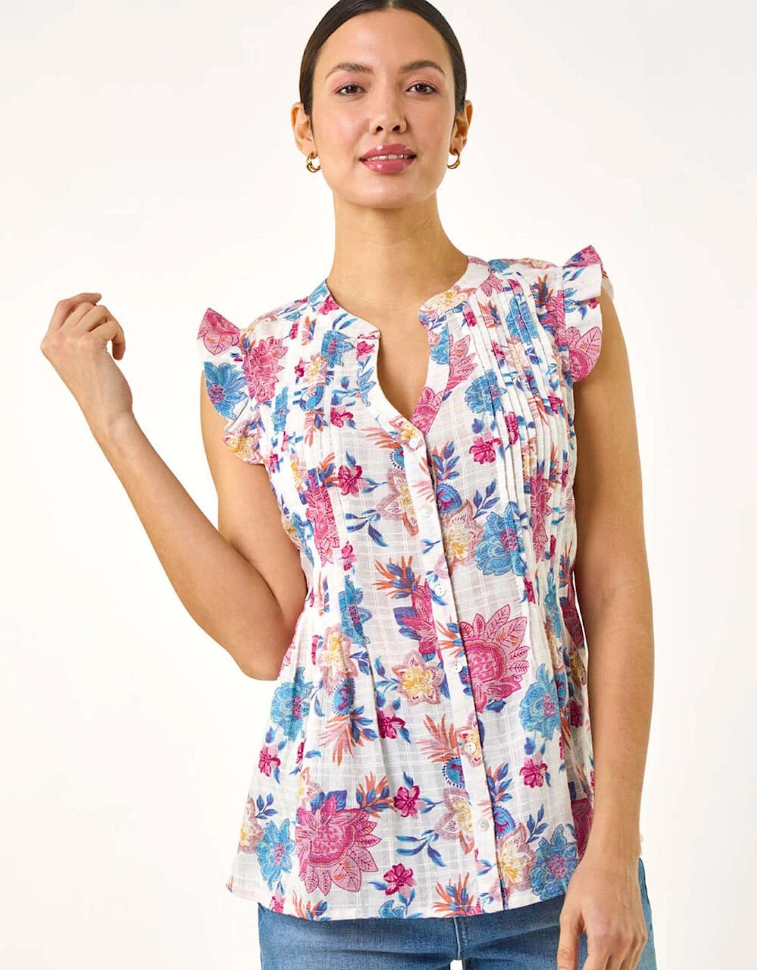 Floral Print Pintuck Frill Blouse - Pink, 2 of 1