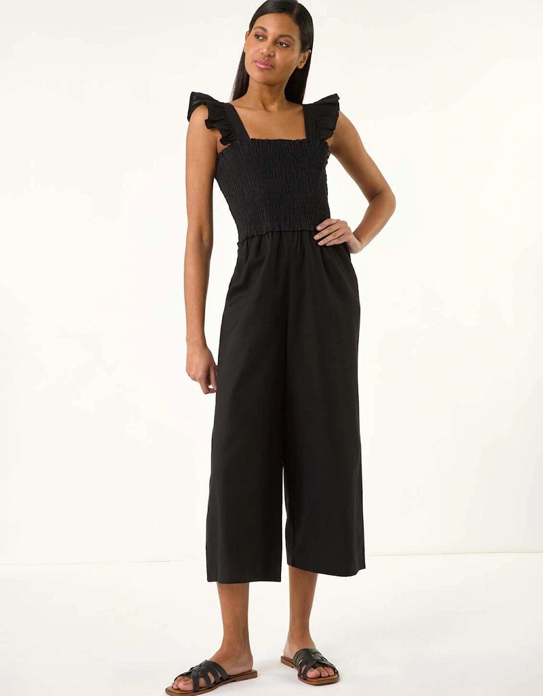 Cotton Linen Blend Frill Jumpsuit - Black, 2 of 1