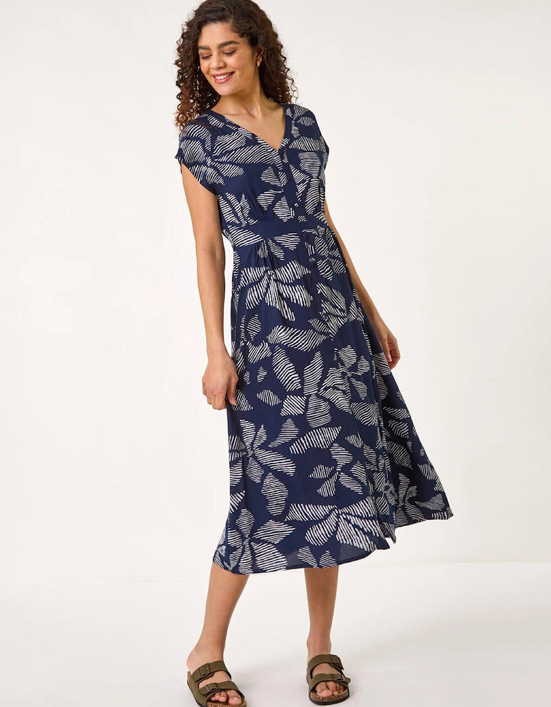 Leaf Print Shirred Midi Dress - Navy, 2 of 1
