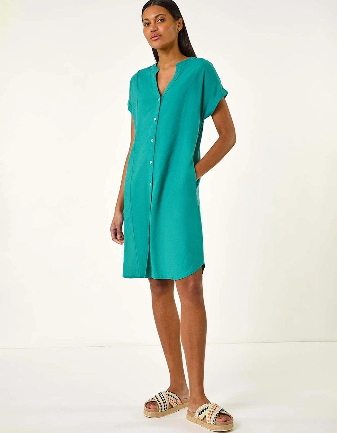 Linen Mix Shift Dress - Green, 2 of 1