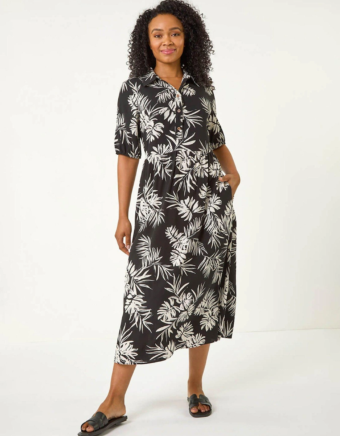 Petite Tropical Print Button Midi Dress - Black, 2 of 1