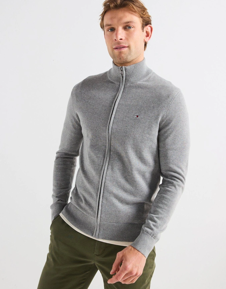 Essential Cotton Zip Through Knitted Jumper - Grey