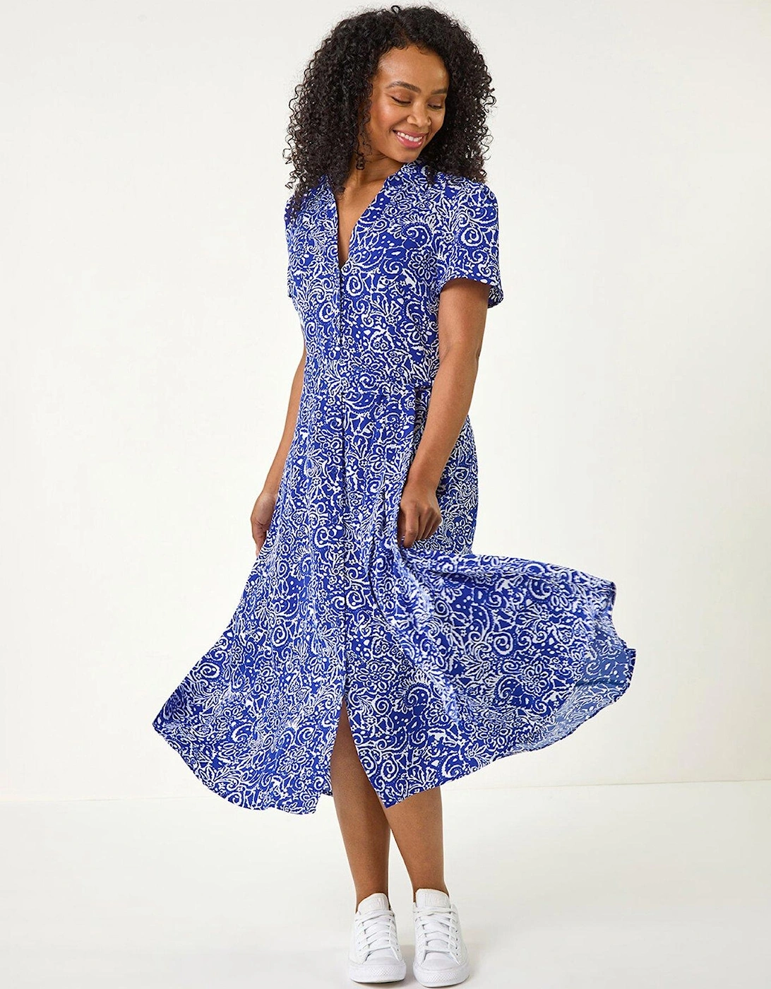 Petite Abstract Print Button Shirt Dress - Royal Blue, 2 of 1