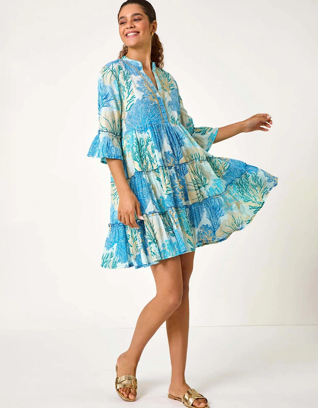 Embroidered Cotton Printed Frill Smock Dress, 2 of 1