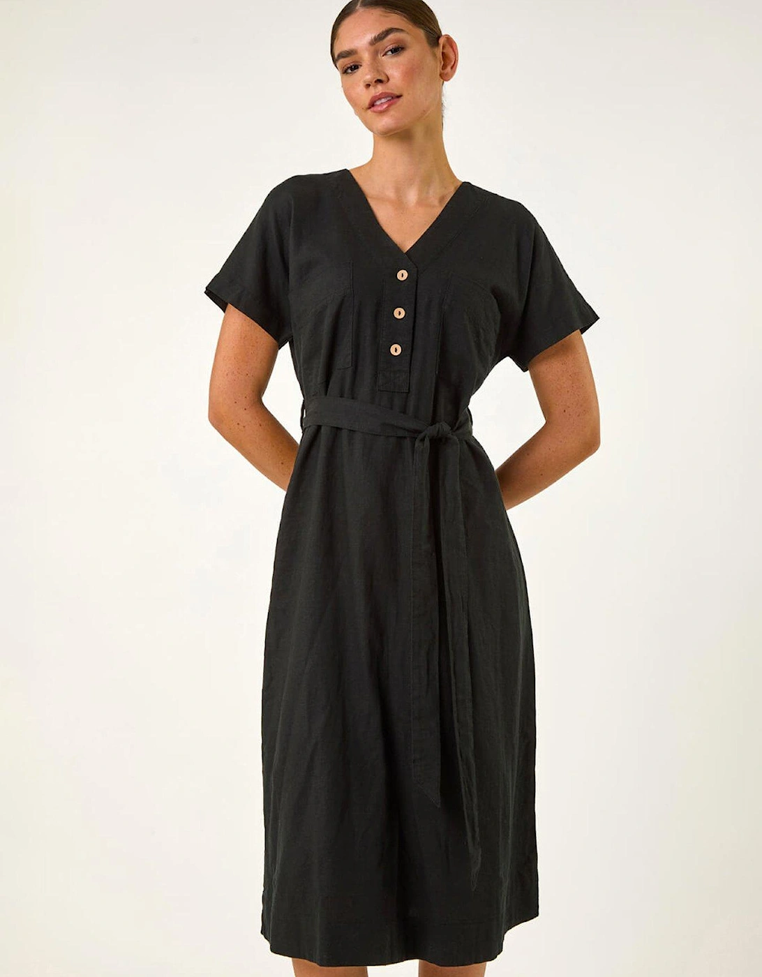 Button Linen Mix Midi Dress - Black, 2 of 1