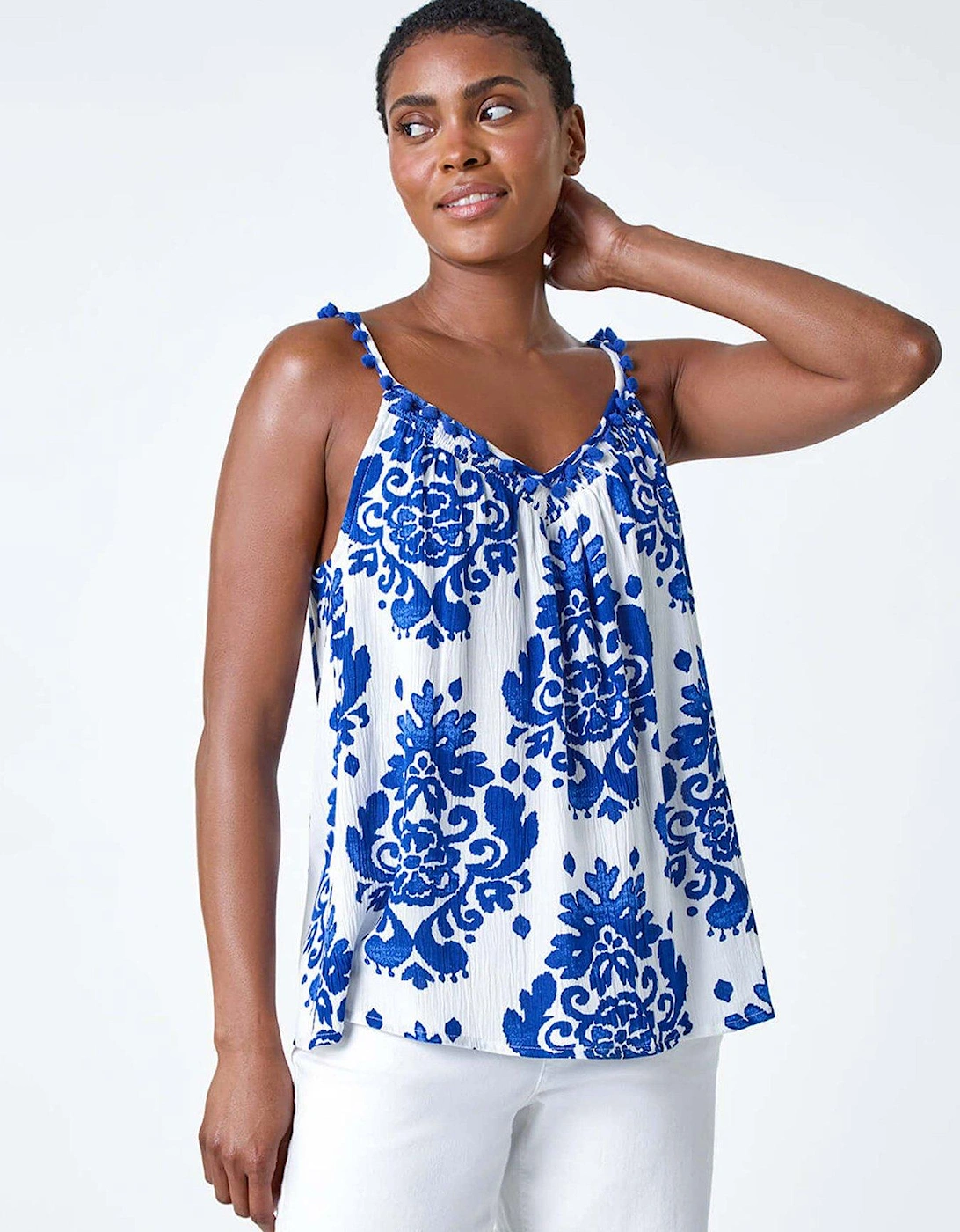Paisley Pom Pom Trim V-neck Crinkle Vest Top, 2 of 1