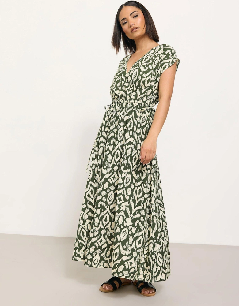 Petite Abstract Wrap Front And Back Dress - Green