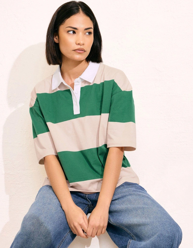 Petite Short Sleeve Stripe Rugby Shirt - Green
