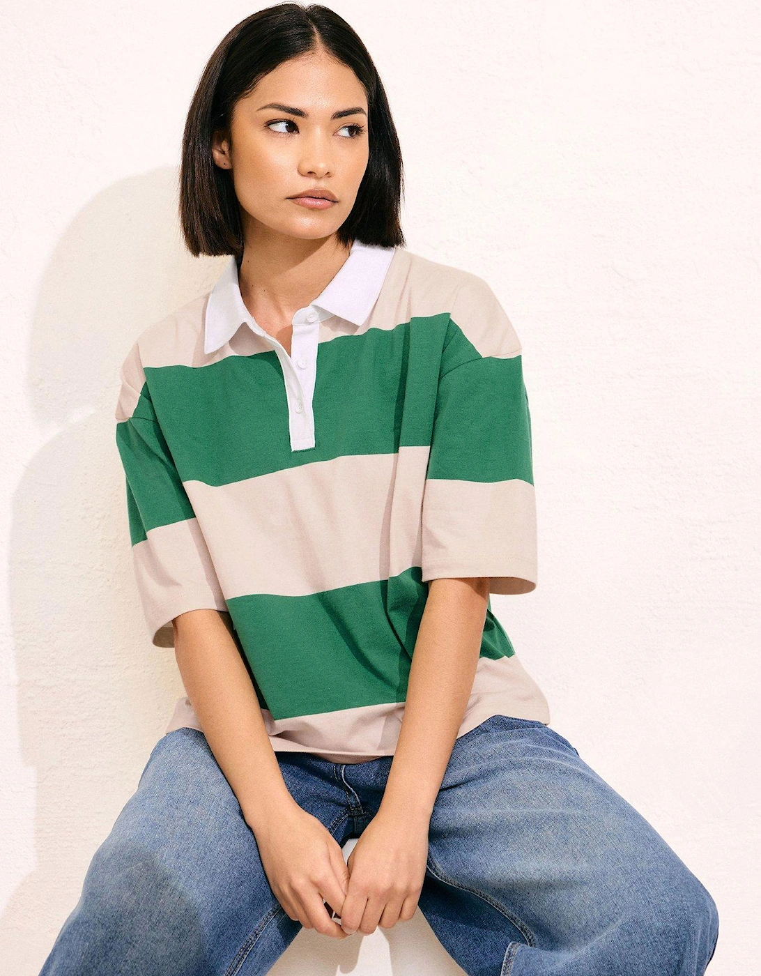 Petite Short Sleeve Stripe Rugby Shirt - Green, 2 of 1