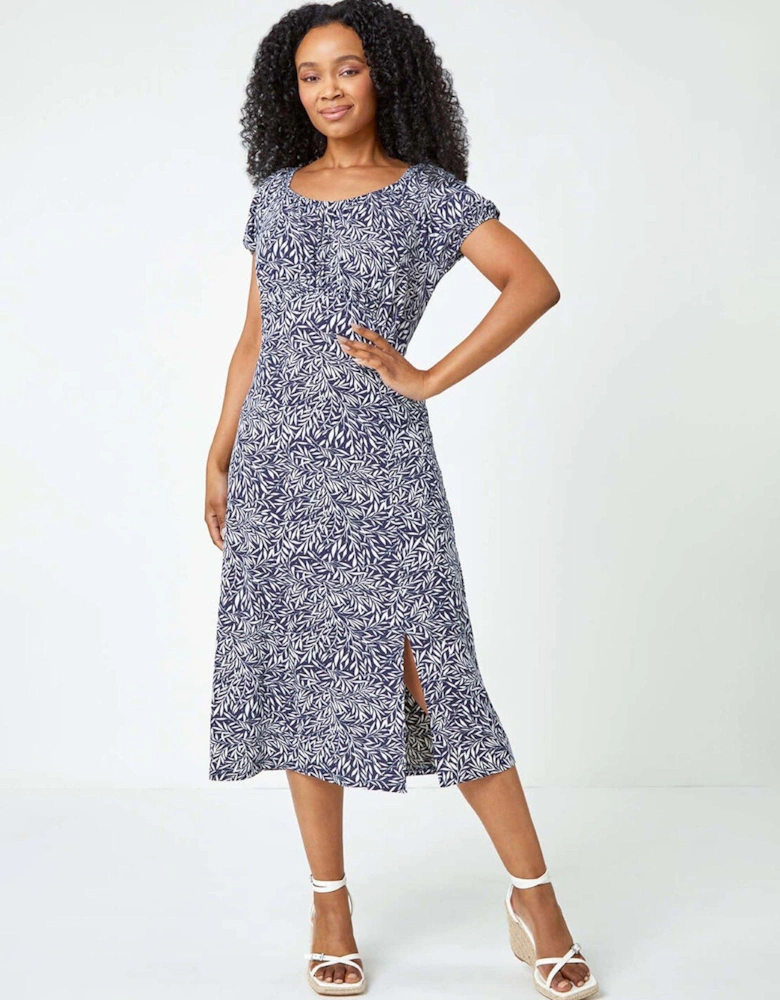 Petite Leaf Print Midi Stretch Dress