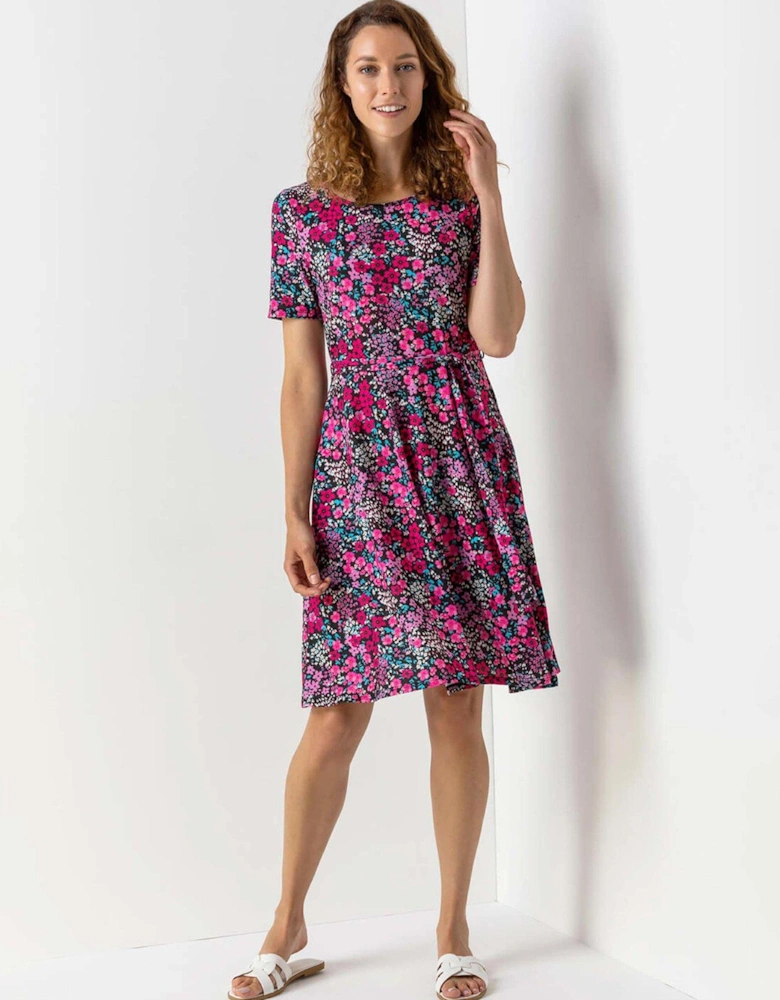 Floral Print Belted Skater Dress