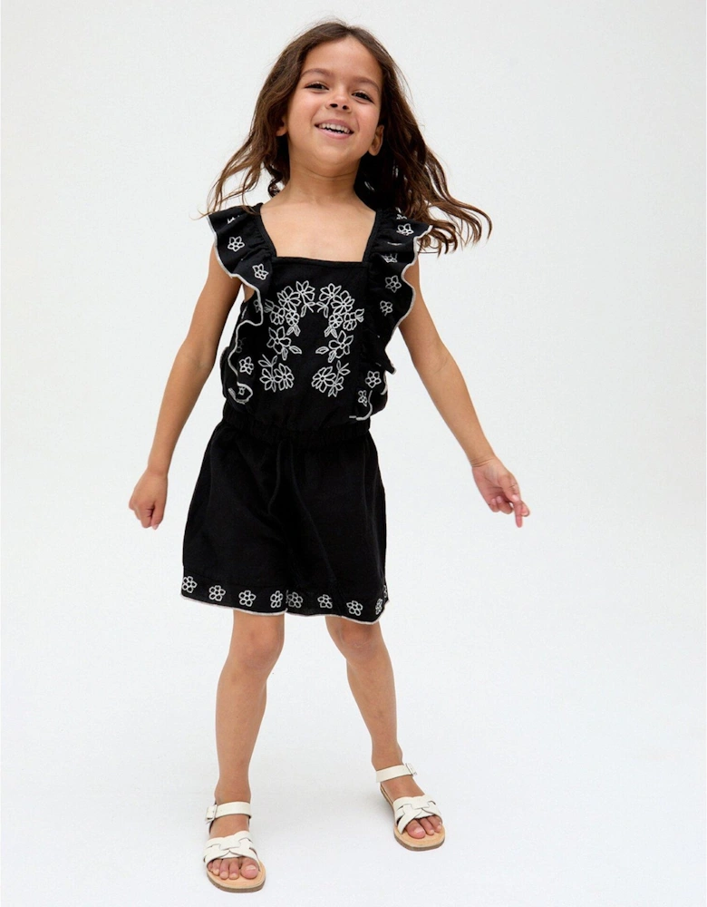Girls Philo Placement Embroidered Playsuit - Black