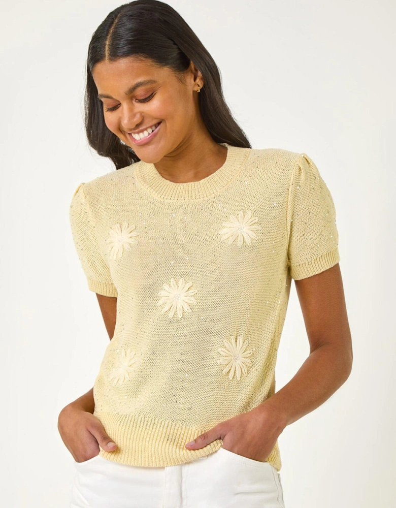 Daisy Sequin Embroidered Knit Top - Lemon