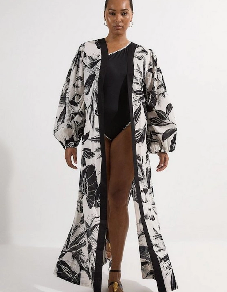 Plus Size Palm Border Print Cotton Voile Maxi Beach Dress
