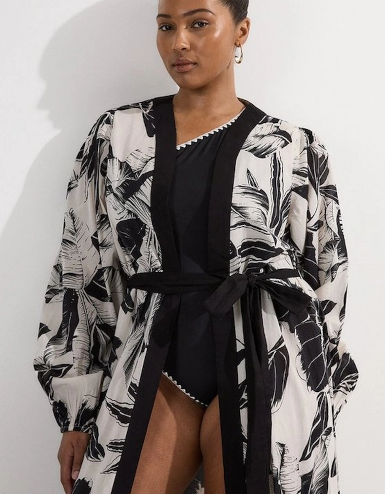 Plus Size Palm Border Print Cotton Voile Maxi Beach Dress