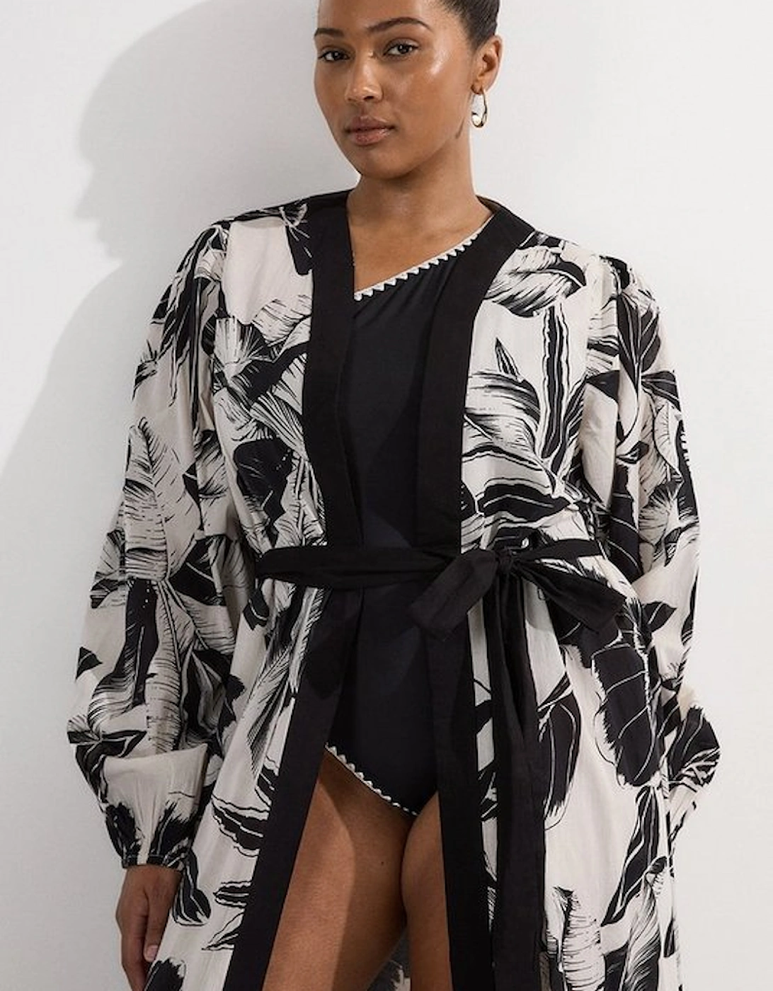 Plus Size Palm Border Print Cotton Voile Maxi Beach Dress