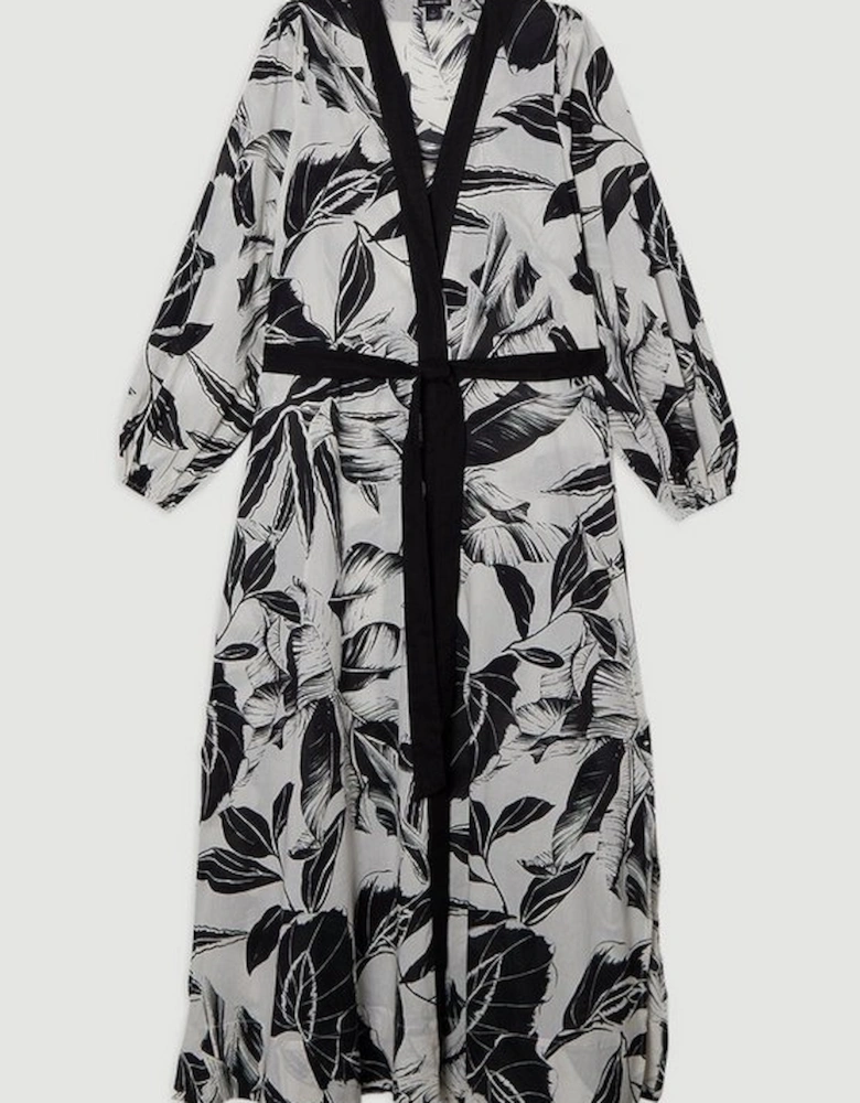 Plus Size Palm Border Print Cotton Voile Maxi Beach Dress