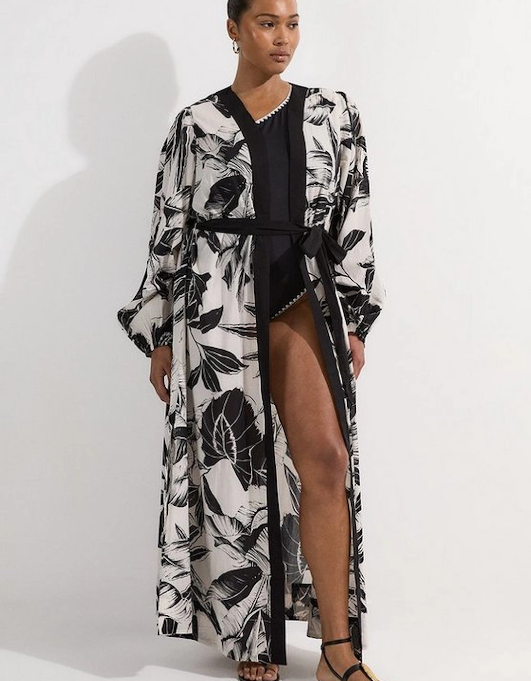Plus Size Palm Border Print Cotton Voile Maxi Beach Dress