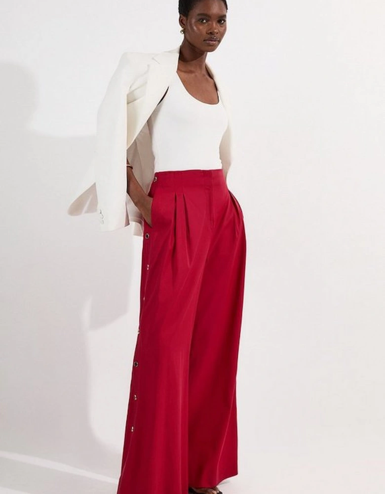Tailored Polished Cotton Button Side Wide Leg Trousers