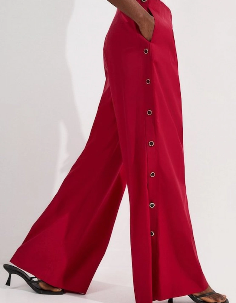 Tailored Polished Cotton Button Side Wide Leg Trousers