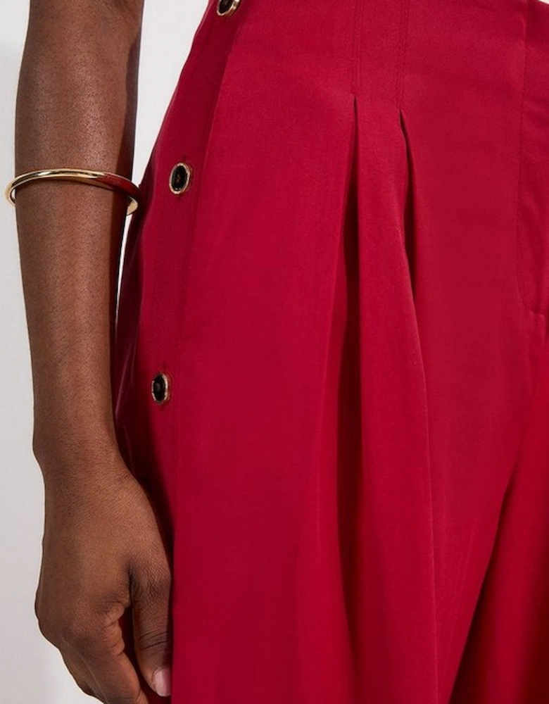 Tailored Polished Cotton Button Side Wide Leg Trousers