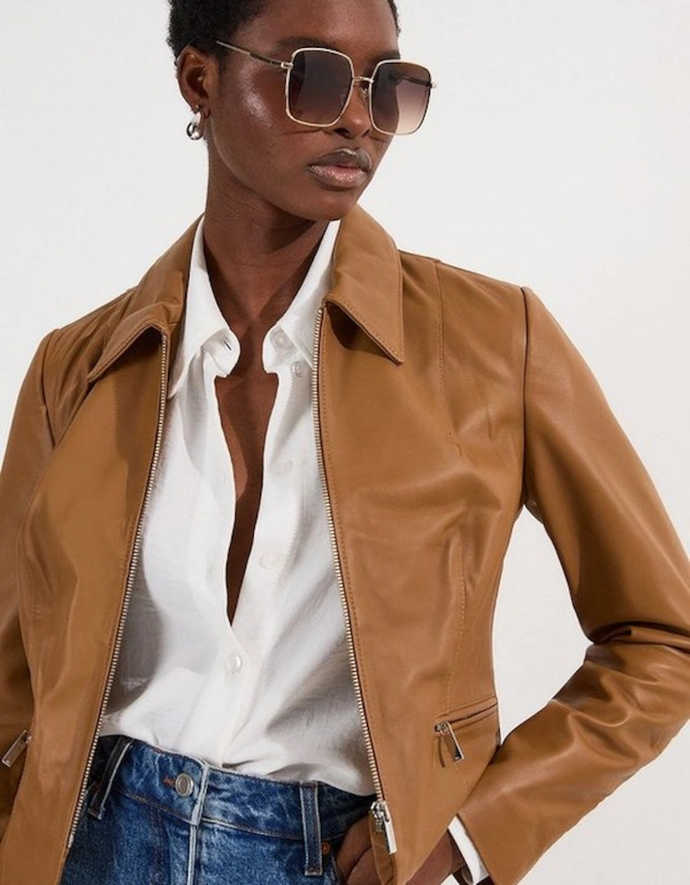 Leather Collared Zip Through Tailored Jacket