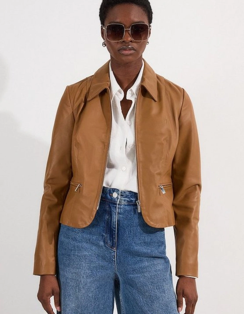 Leather Collared Zip Through Tailored Jacket