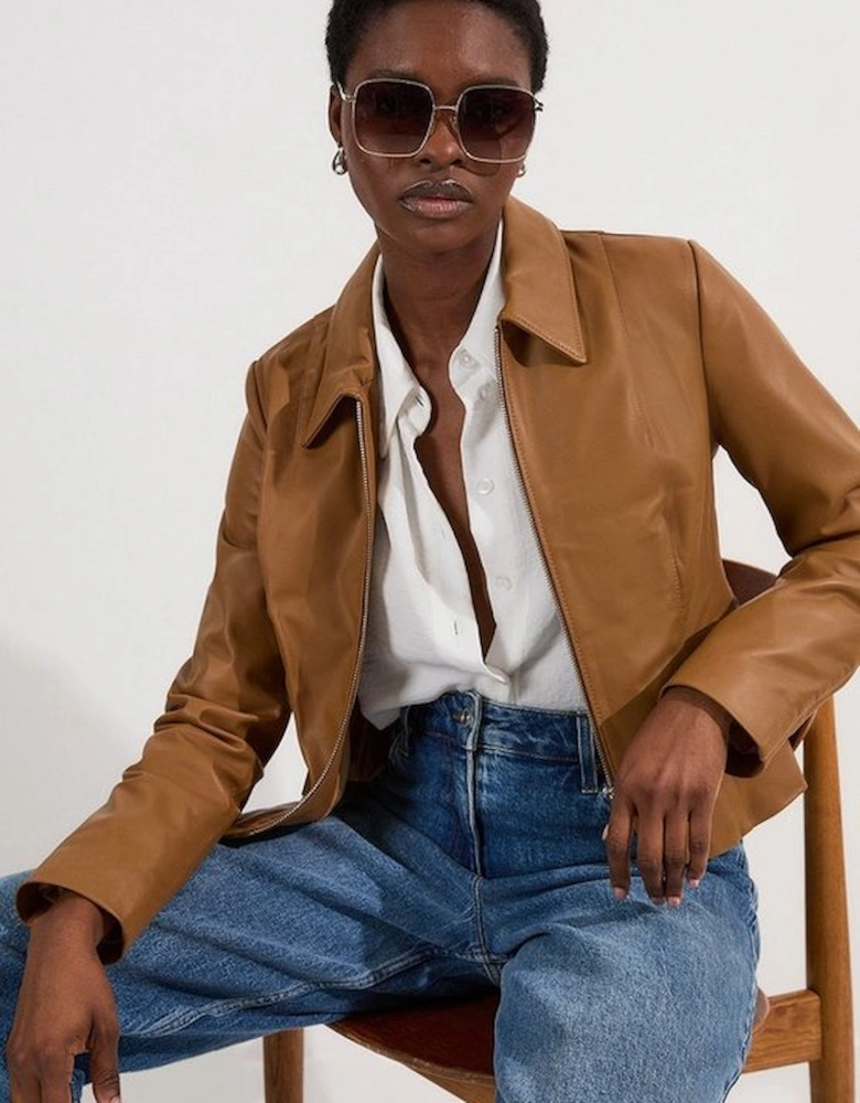Leather Collared Zip Through Tailored Jacket