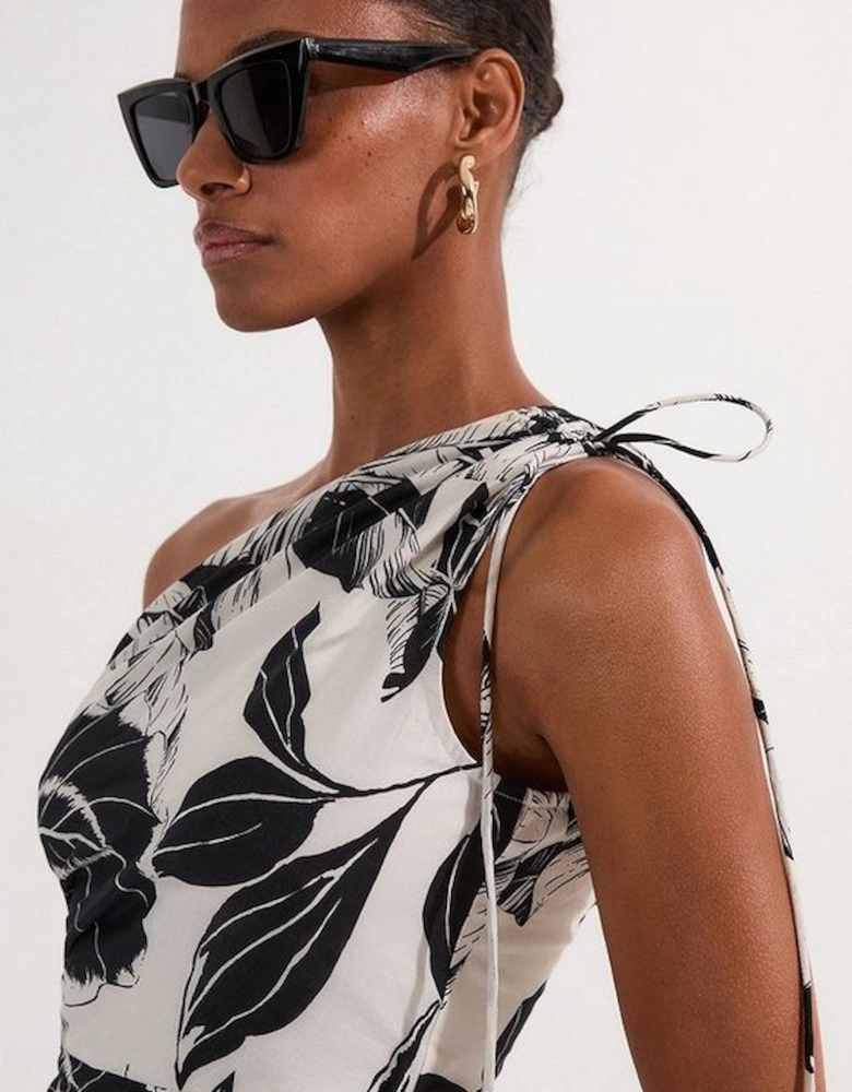 Tall Palm Border Print Cotton Voile One Shoulder Midi Dress