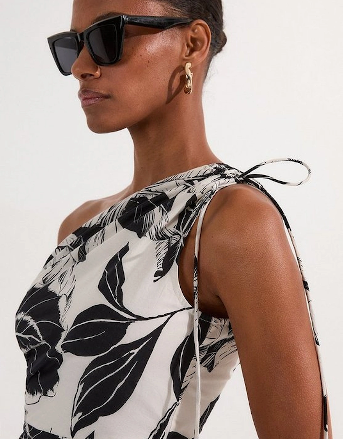Tall Palm Border Print Cotton Voile One Shoulder Midi Dress
