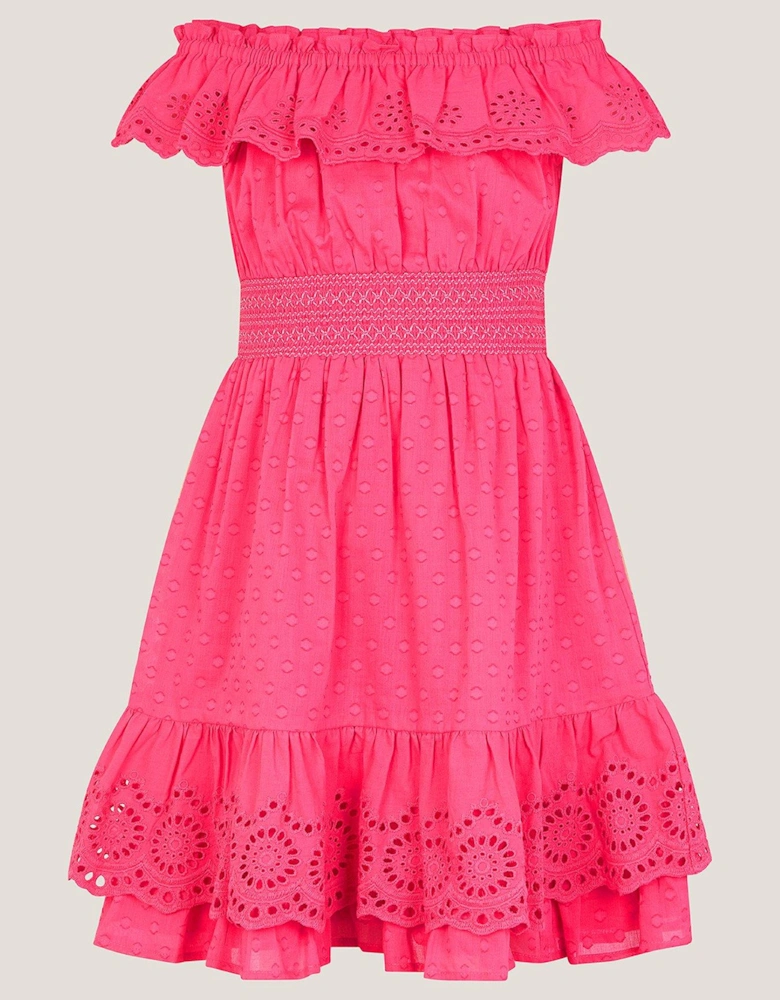 Girls Broiderie Frill Neck Dress - Pink