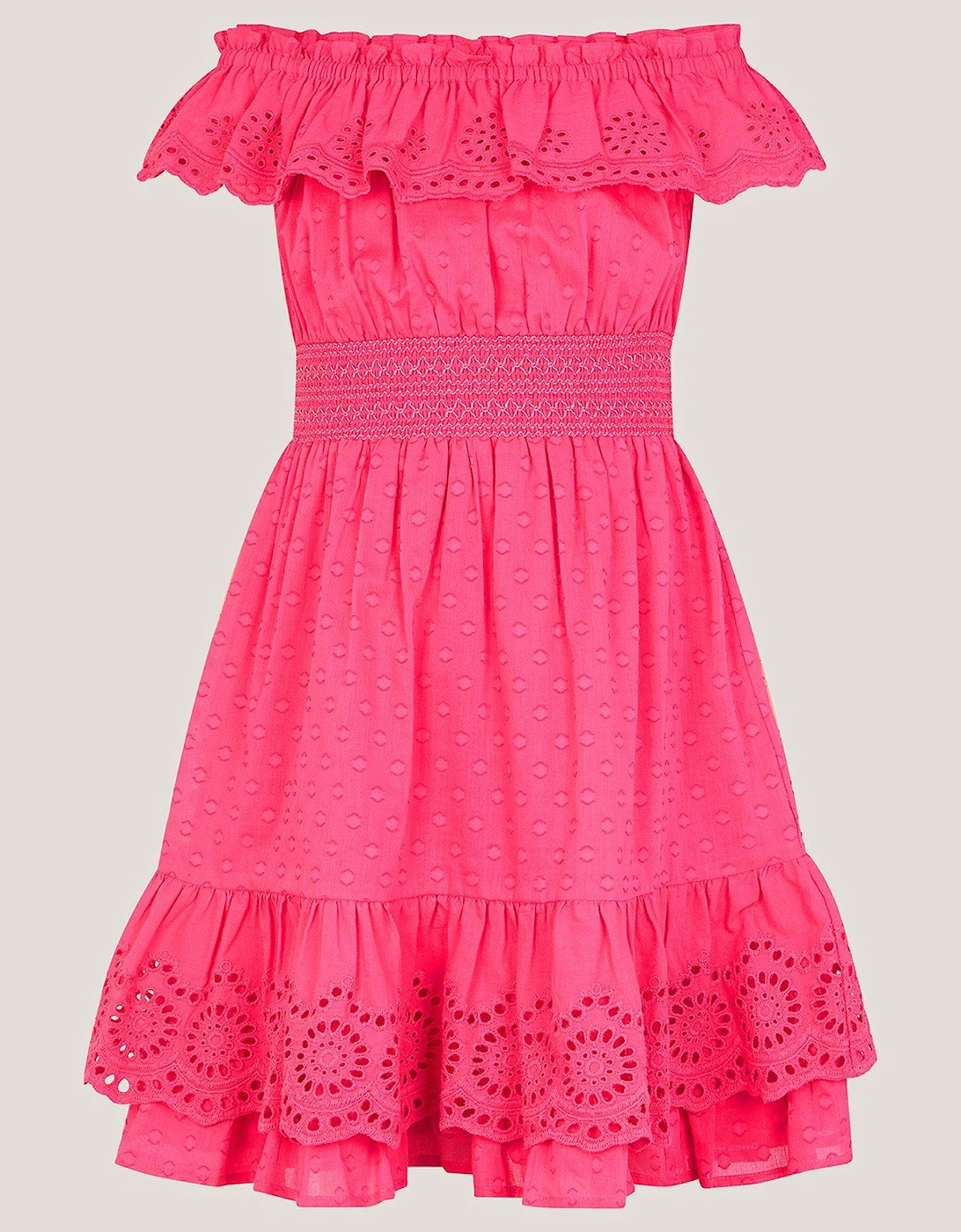 Girls Broiderie Frill Neck Dress - Pink, 2 of 1
