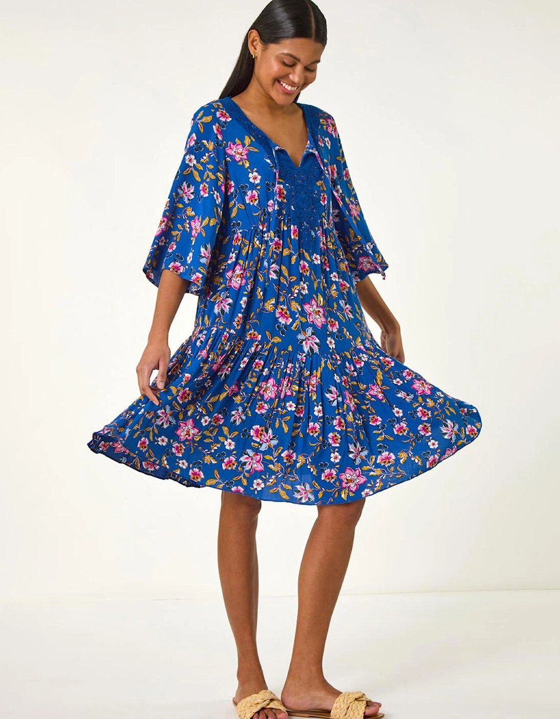 Floral Print Lace Detail Smock Dress - Blue, 2 of 1