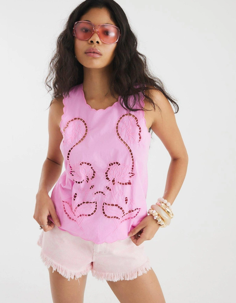 Cut Work Tank Top - Medium Pink