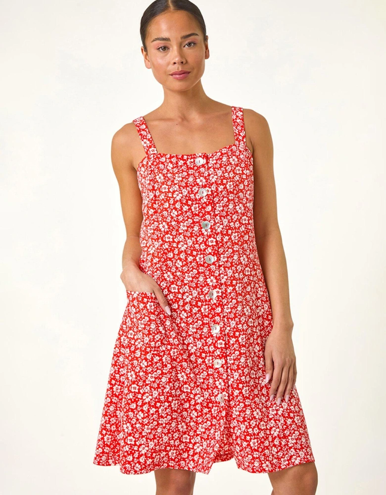 Petite Ditsy Floral Print Button Dress - Red