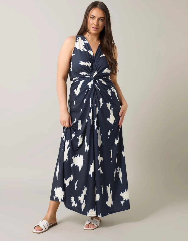 Abstract Print Knot Front Maxi Dress - Blue
