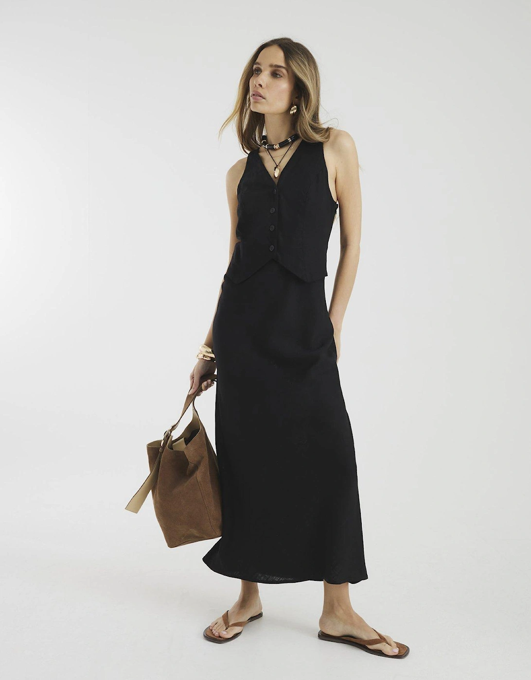 Linen Blend Waistcoat Midi Dress, 2 of 1