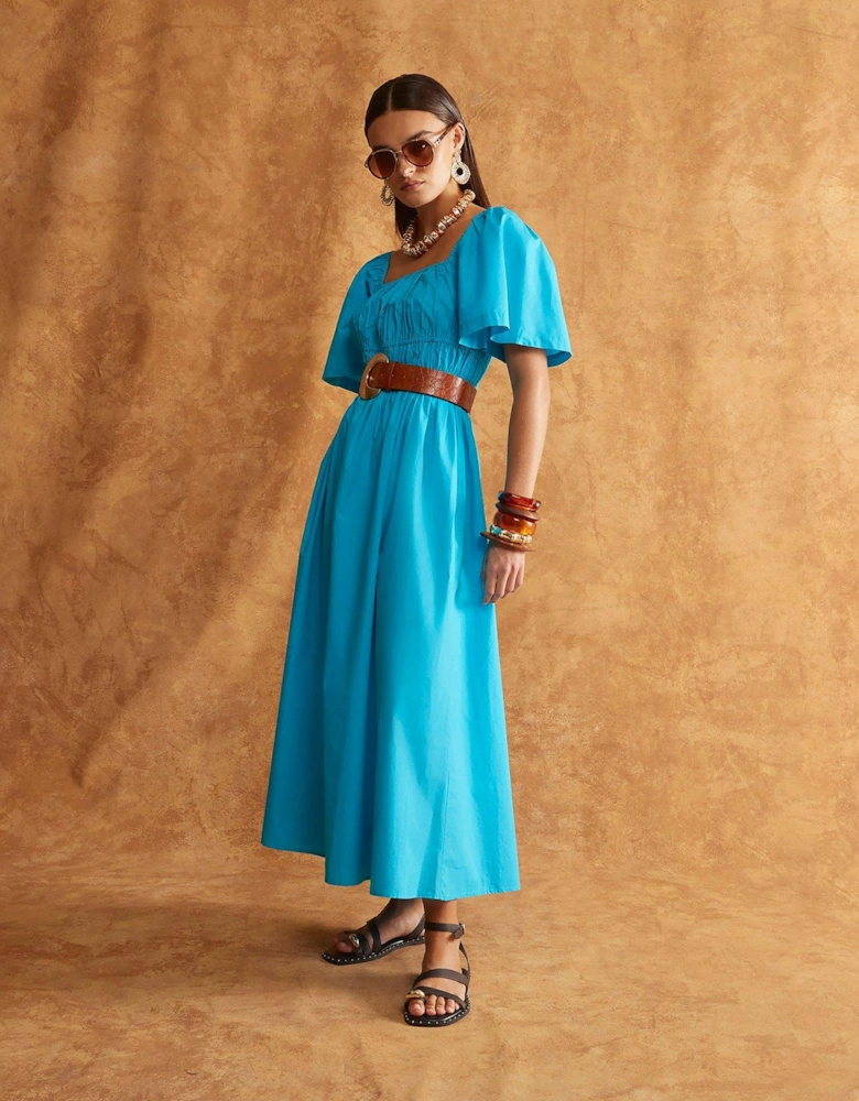 Short Sleeve Shirred Midi Dress - Blue