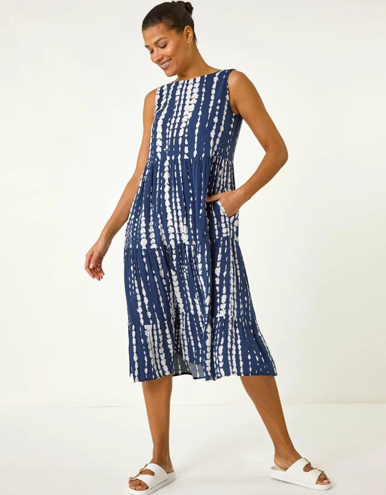 Tie Dye Print Smock Midi Dress - Navy