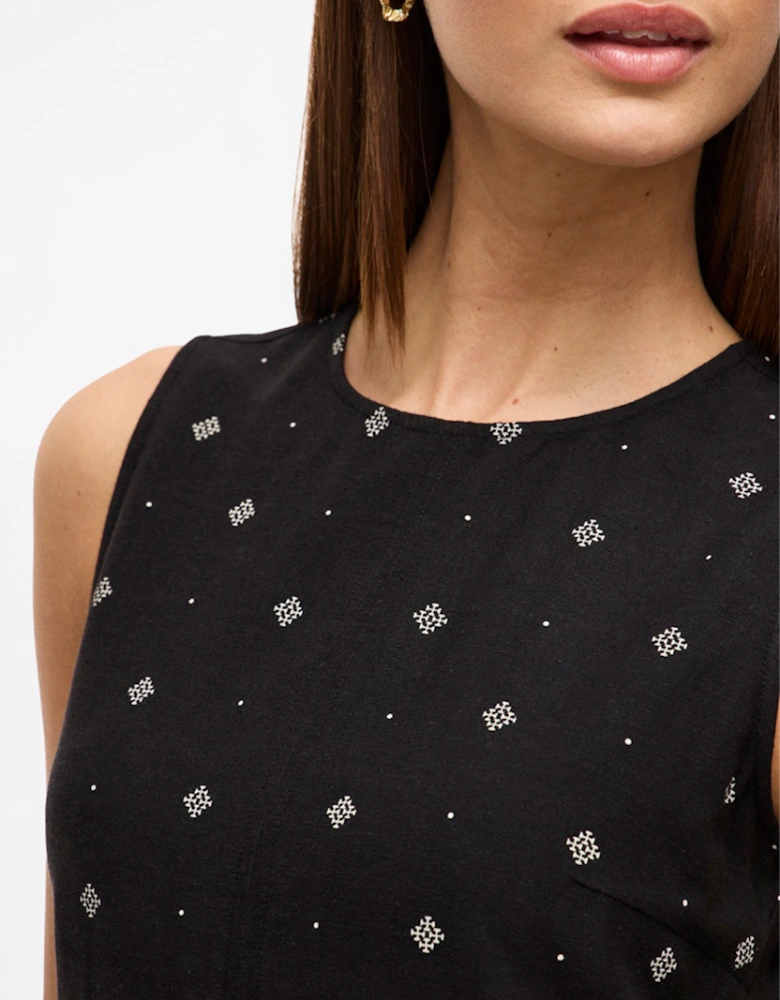 Prisilla Print O-neck Sleeveless Short Dress Black Beauty White