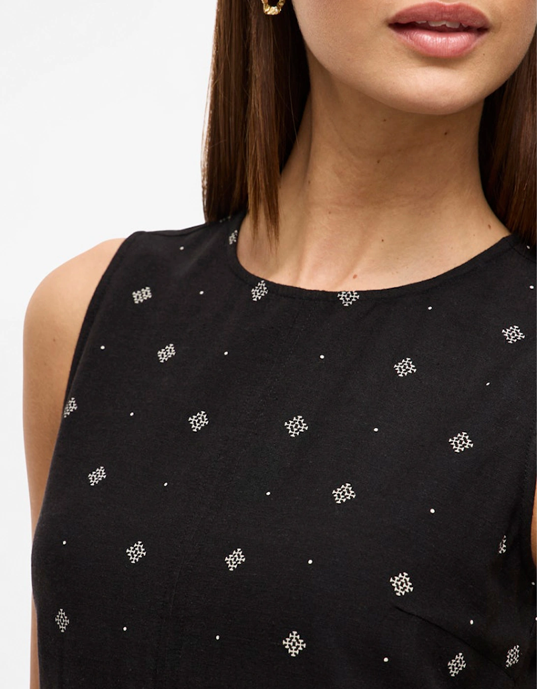 Prisilla Print O-neck Sleeveless Short Dress Black Beauty White