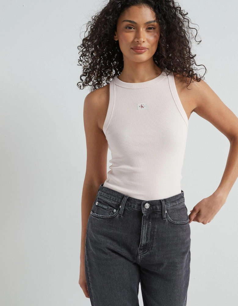 Label Logo Ribbed Tank Vest Top - Pink