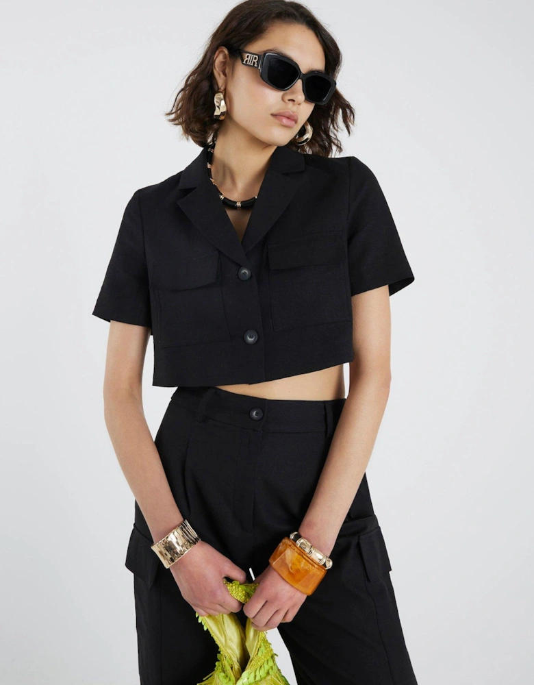 Cropped Pocket Detail Linen Jacket - Black