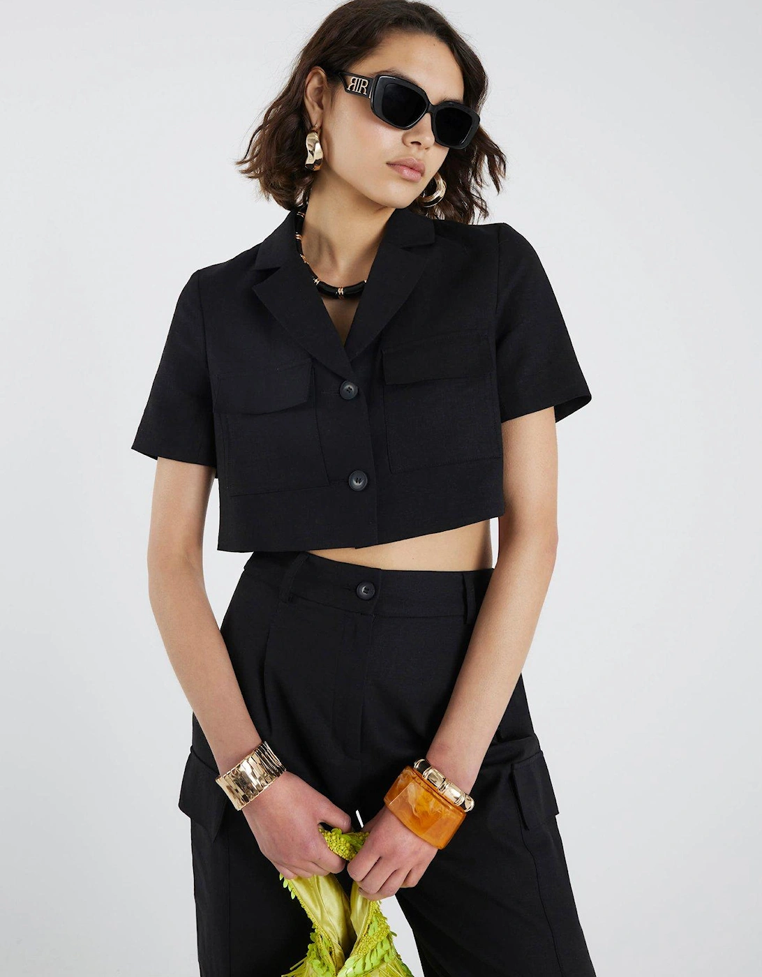 Cropped Pocket Detail Linen Jacket - Black, 2 of 1